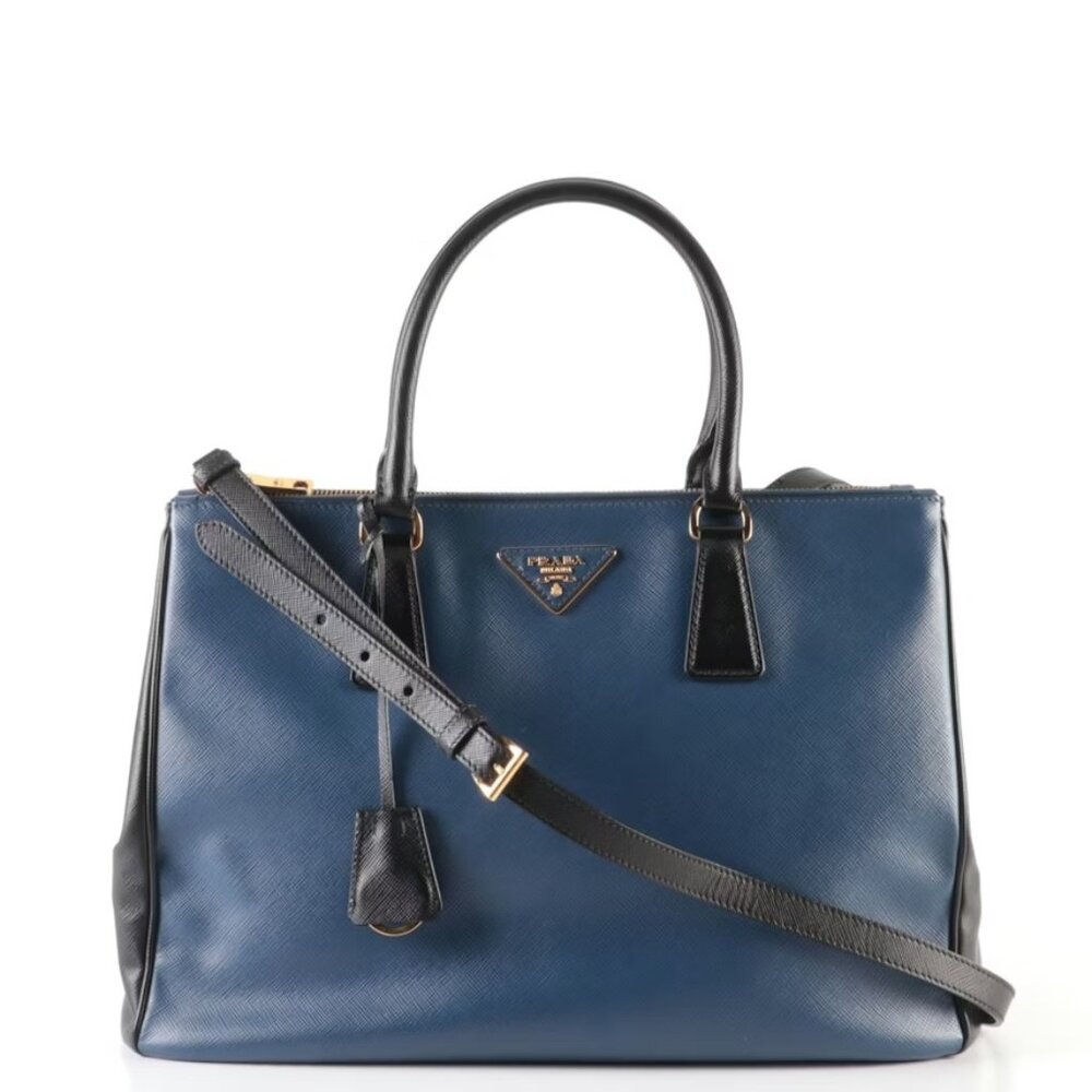 Prada Galleria Double Zip Tote Bag in Blue and Black Saffiano Leather
